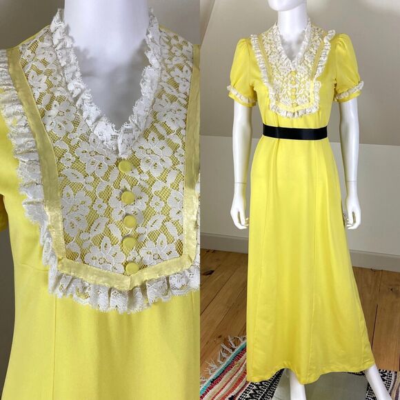 Unbranded Dresses & Skirts - Vintage 60s 70s Yellow Mod Maxi Dress Lace Prairie Babydoll M Medium Polyester